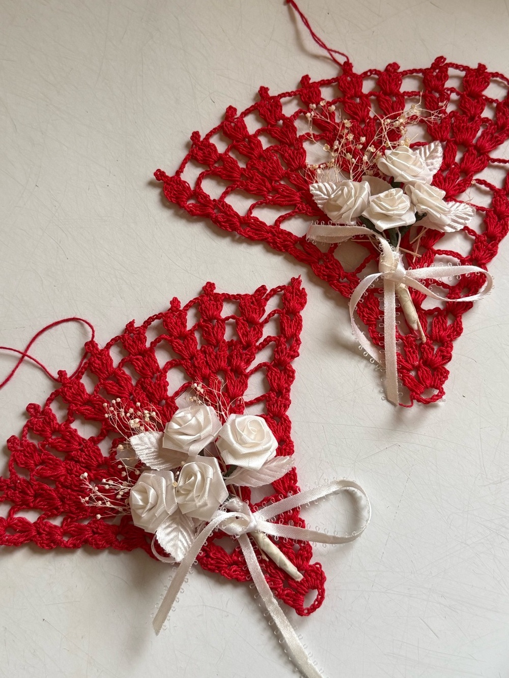 Set of 2 Handmade Vintage Red Lace Fan Doilies Faux Floral Wall Hanging Decor
